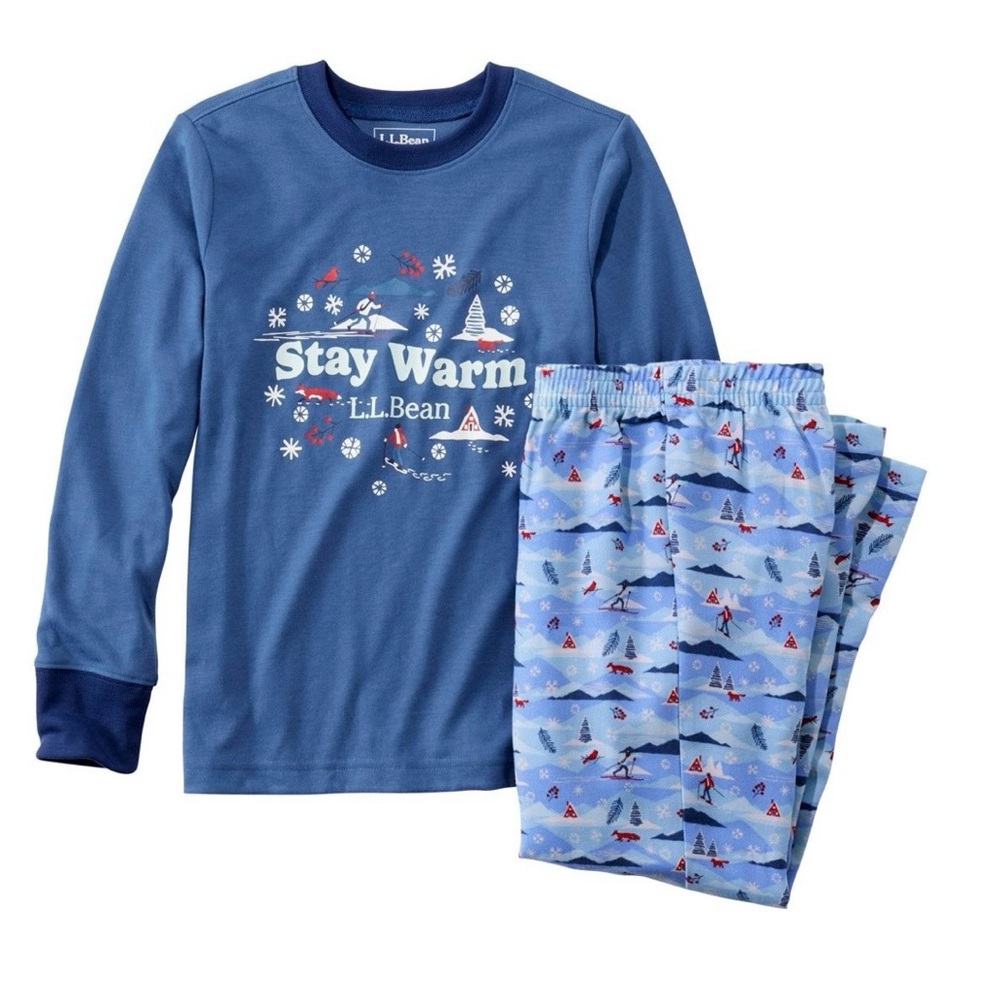 NWT L.L. Bean Kids Stay Warm Blue Flannel Pajama Set size 14-16 (large)